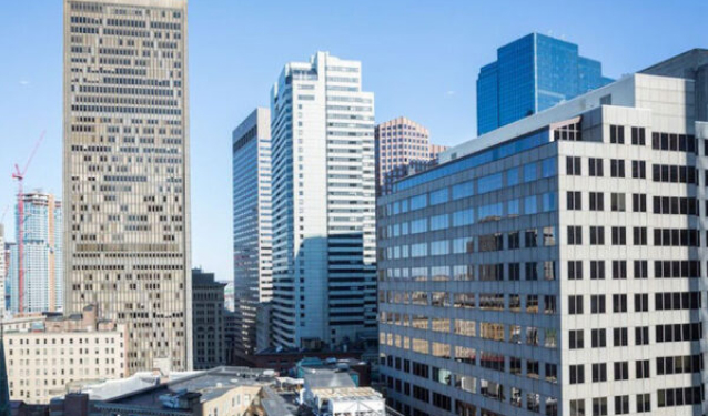 skyline view of downtown Boston with skyscrapers and office buildings