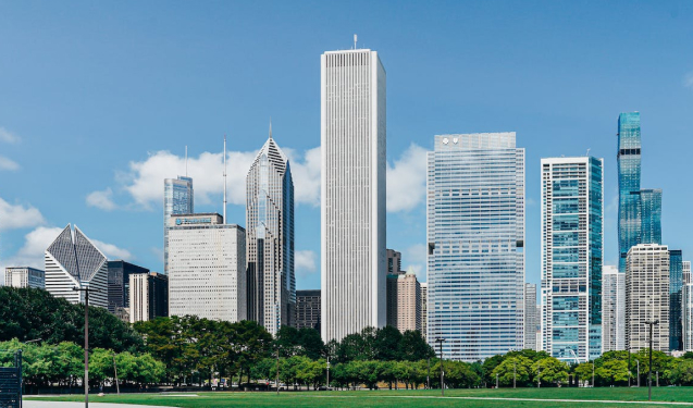 skyline view of Chicago with skyscrapers and the back and grass and trees in the foreground