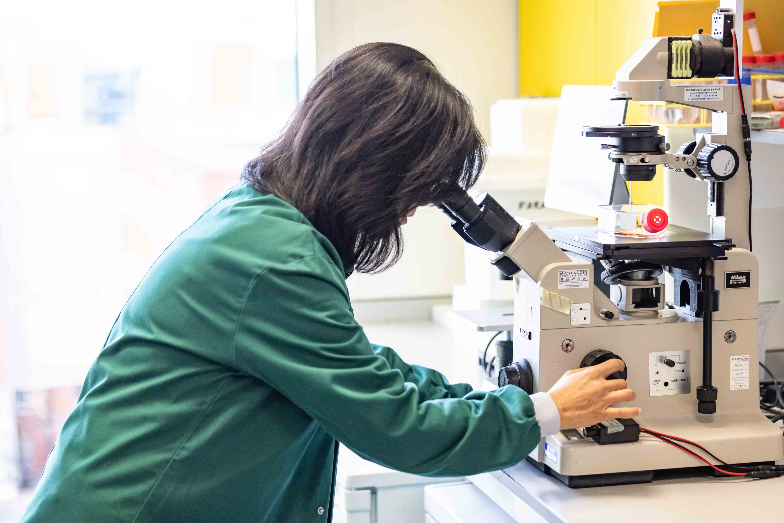 A scientist in a green top is looking into a microscope
