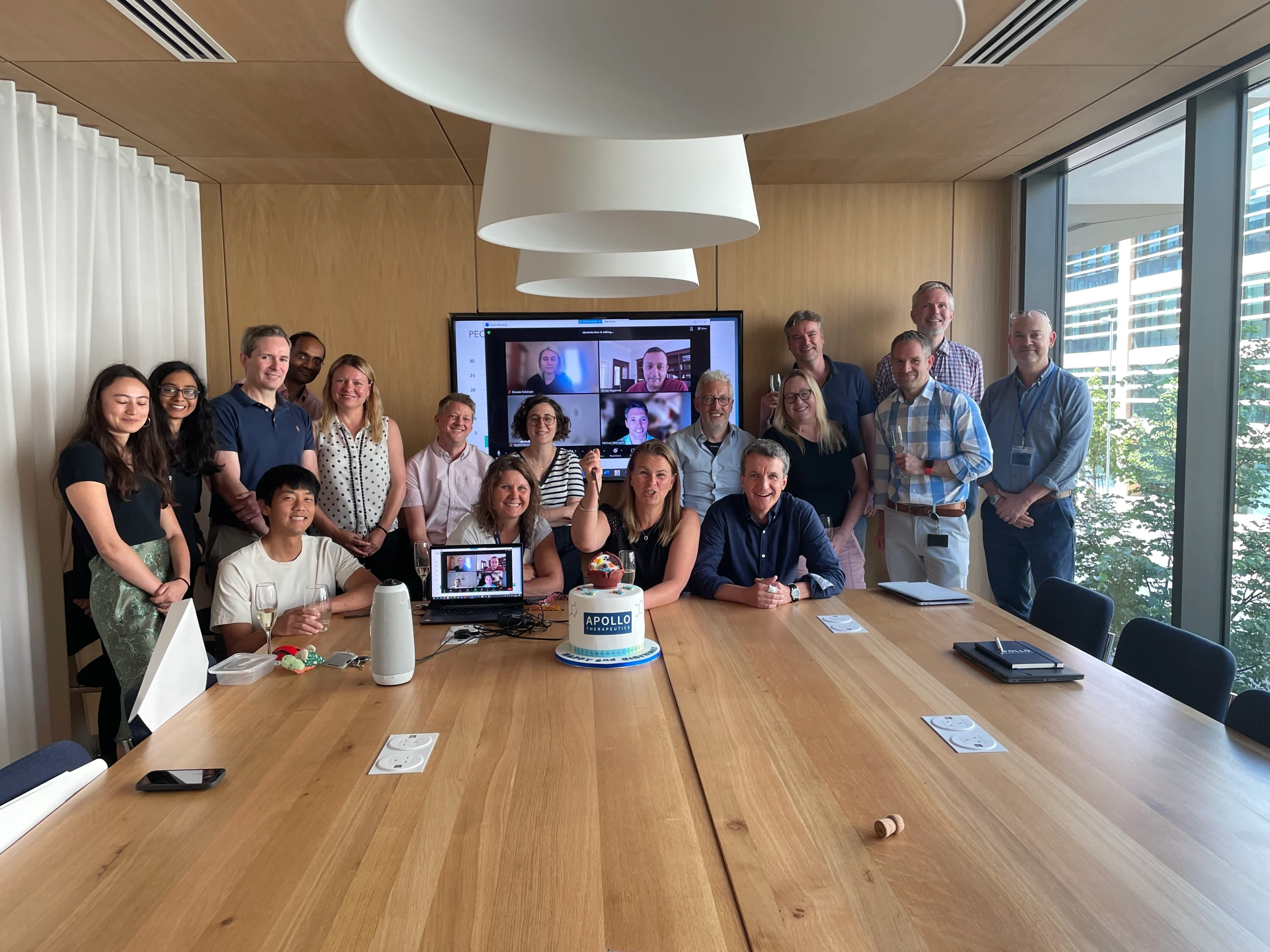 Some of the Apollo team cutting the company birthday cake. In a meeting room with a long table, people stood either side and VC screen behind with more members on.