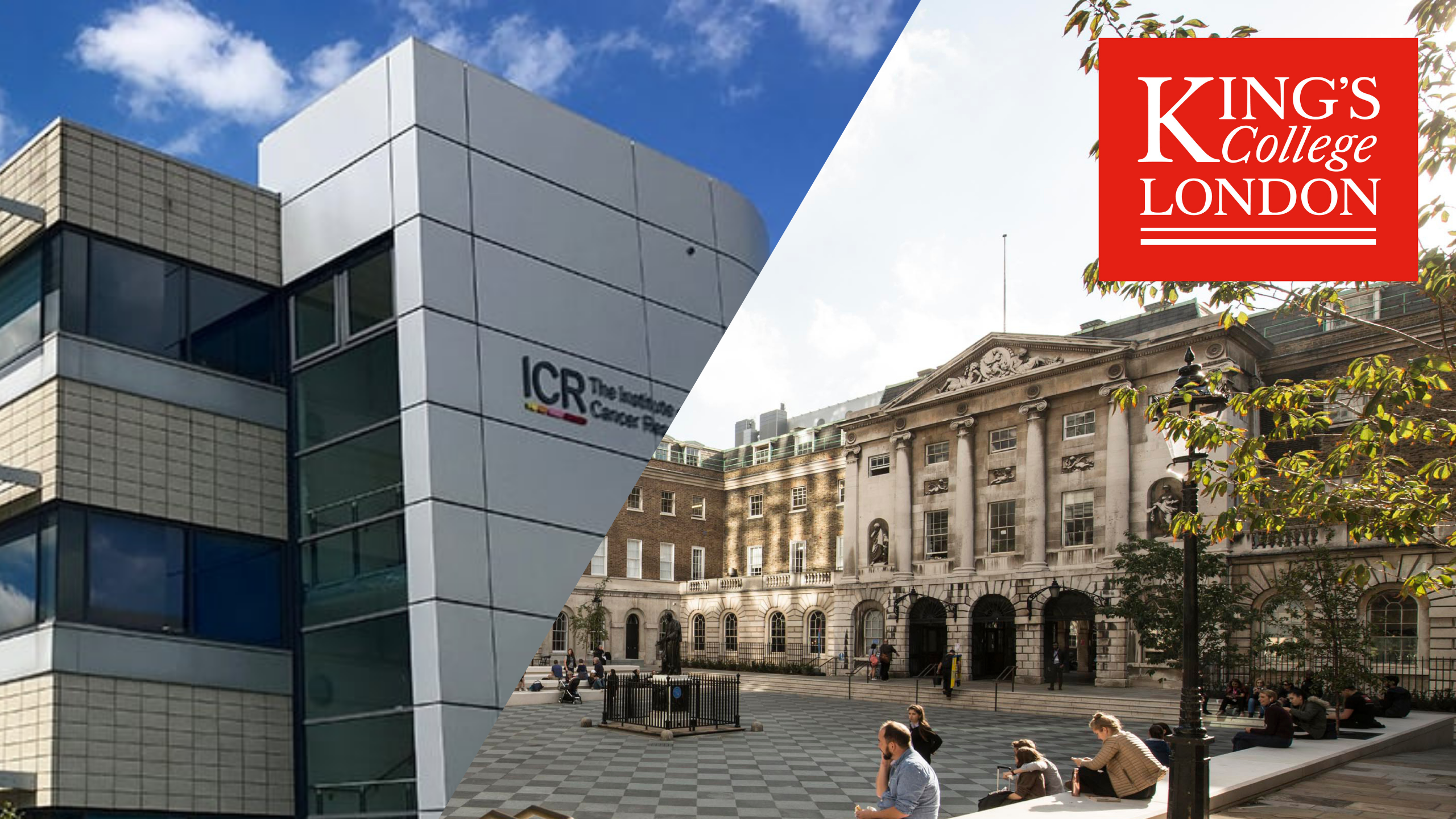 split image, on the left the institute of cancer research building with a mix of brick, glass and cladding. One the right King's College London historic building with an open square, status and large buildings surrounding with people sitting and interacting