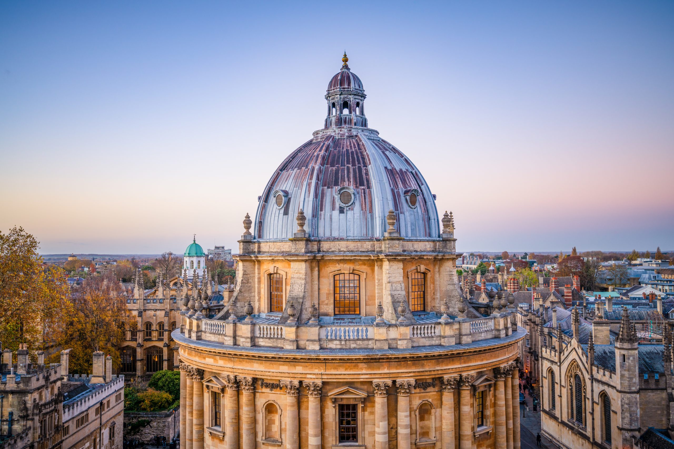 University of Oxford Radcliffe Camera with clear sky and view over the city